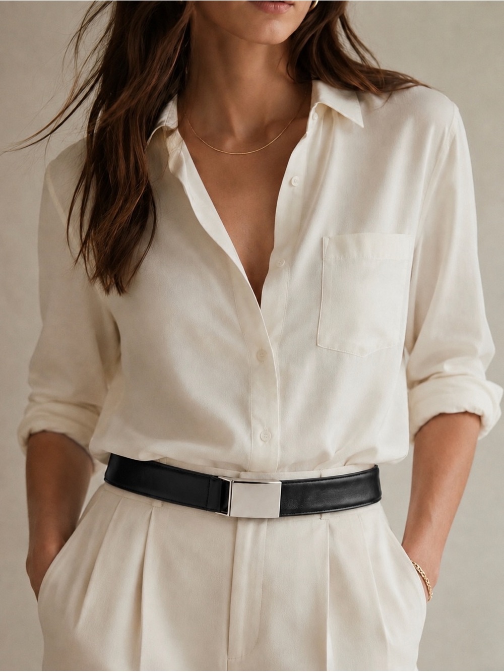 Classic Black Leather Belt with Silver Buckle - Women's Accessory
